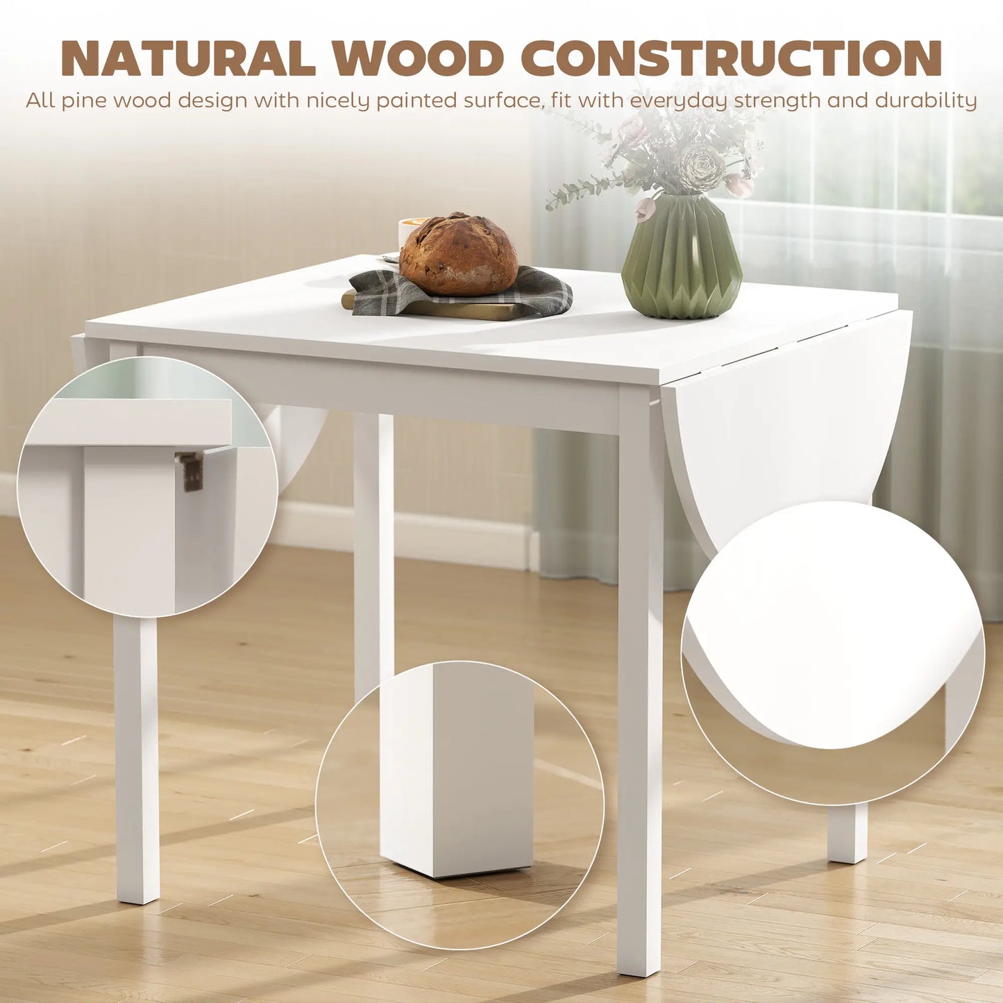 Solid Wood Kitchen Table, Drop Leaf, Folding Dining Table, White Dining Tables at Gallery Canada