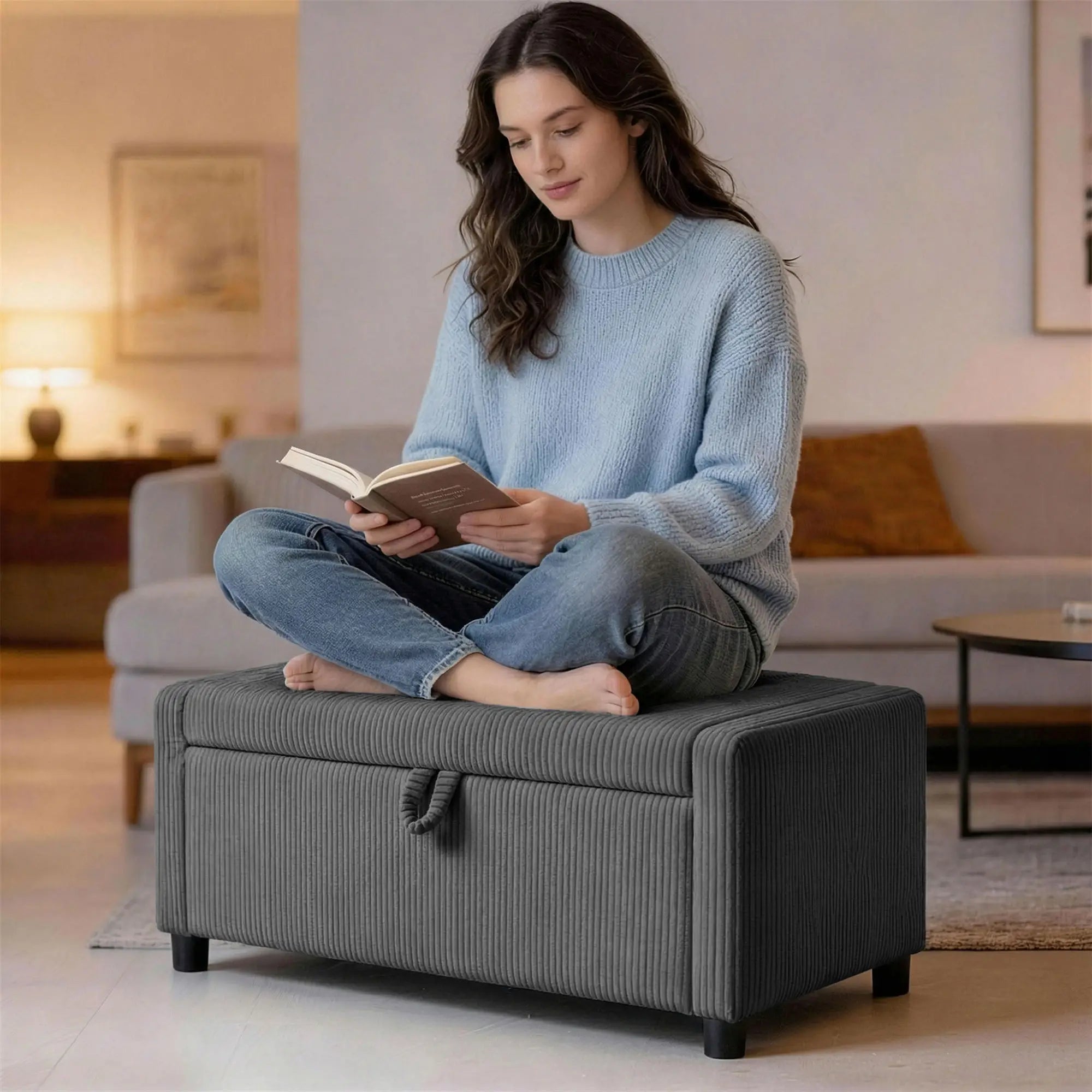 Upholstered Corduroy Storage Ottoman, Dark Grey Storage Ottomans & Benches at Gallery Canada