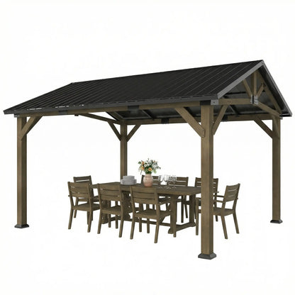 13' x 11' Hardtop Gazebo, Galvanised Metal Roof, Fir Wood Frame, Black Grey