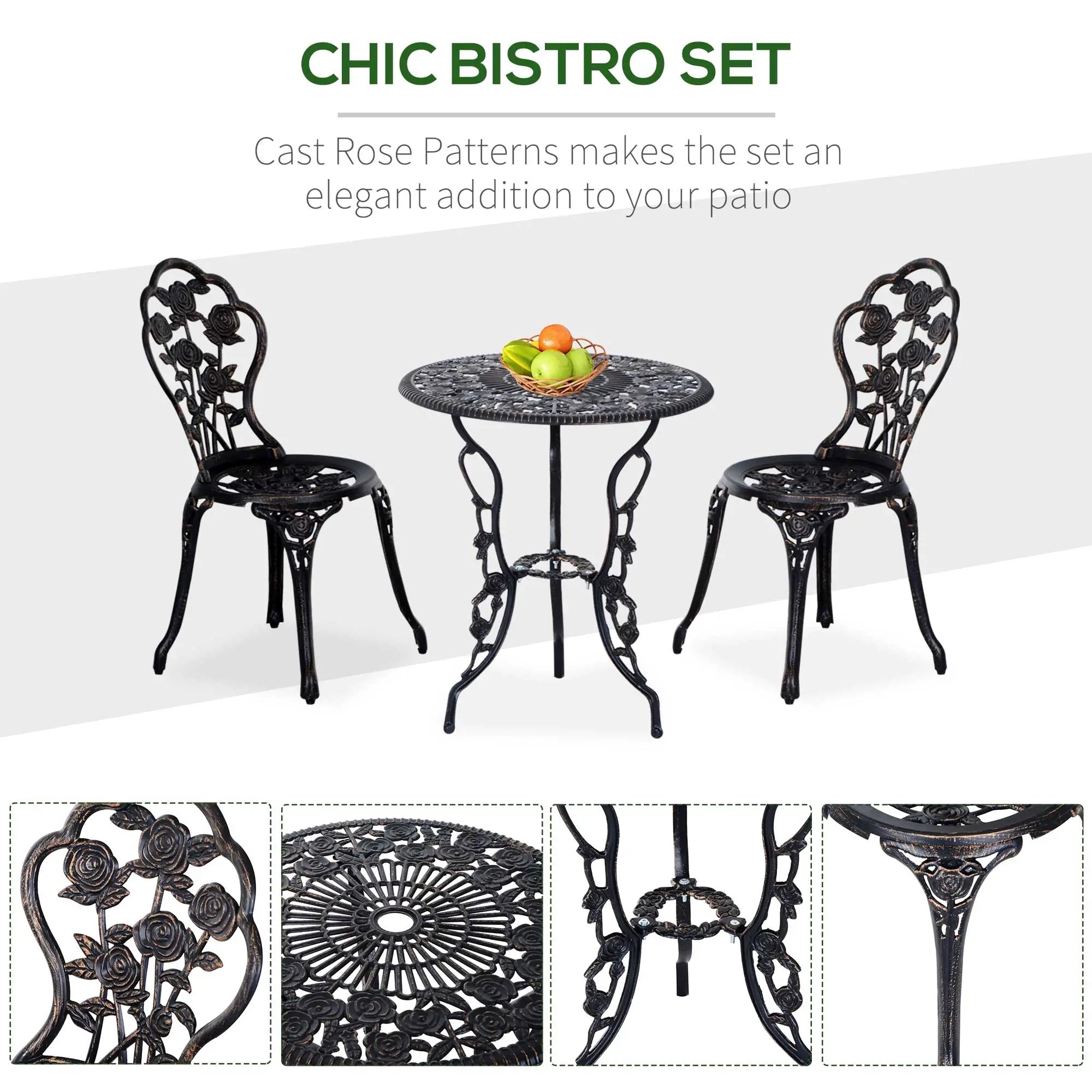 3 Pc Aluminum Bistro Set, Outdoor Patio Table and Chairs, Floral, Bronze Bistro Sets at Gallery Canada