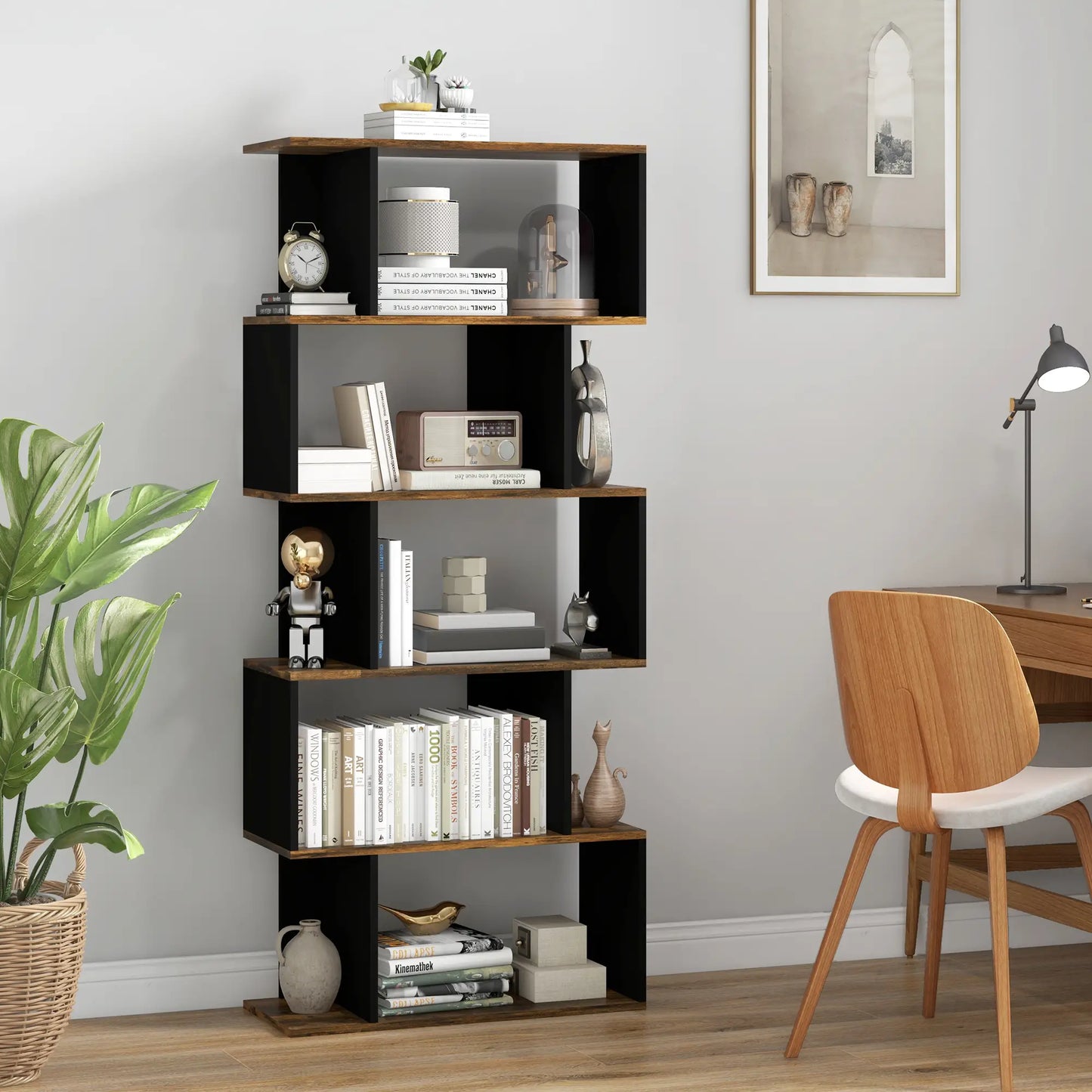 5 Tier Geometric S Shaped Bookcase, Tall Narrow Display Shelf, Rustic Brown Display Bookshelves at Gallery Canada