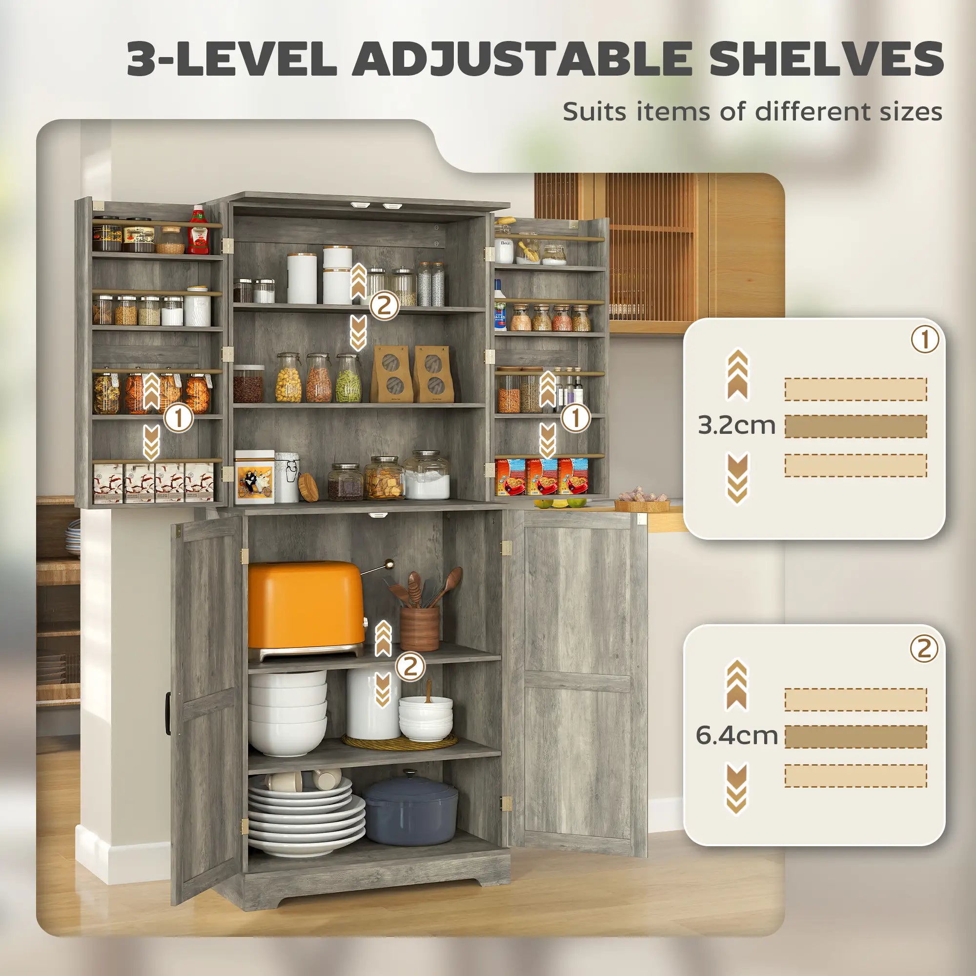 Farmhouse Kitchen Pantry Cabinet, Barn Doors, Adjustable Shelves, Distressed, Grey Storage Cabinets at Gallery Canada