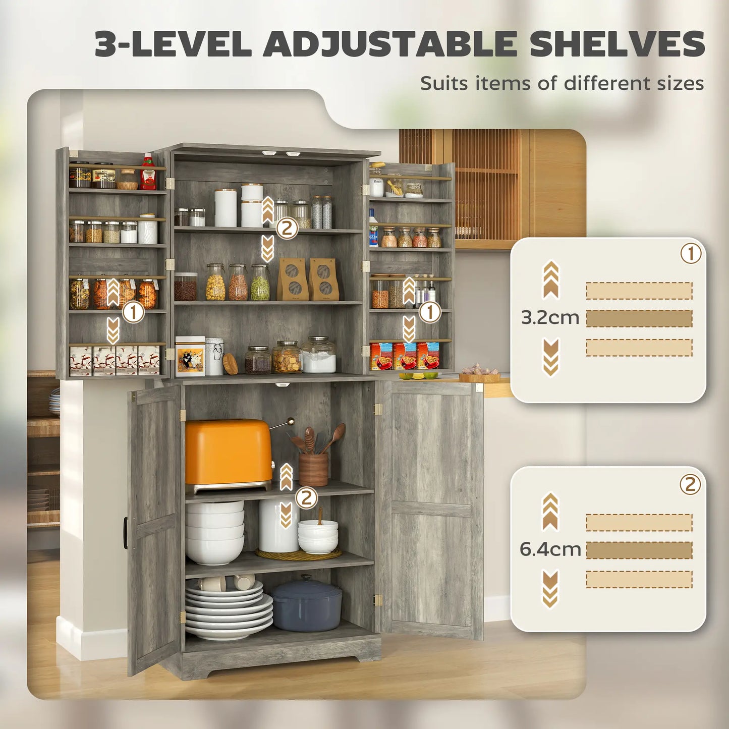 Farmhouse Kitchen Pantry Cabinet, Barn Doors, Adjustable Shelves, Distressed, Grey Storage Cabinets at Gallery Canada