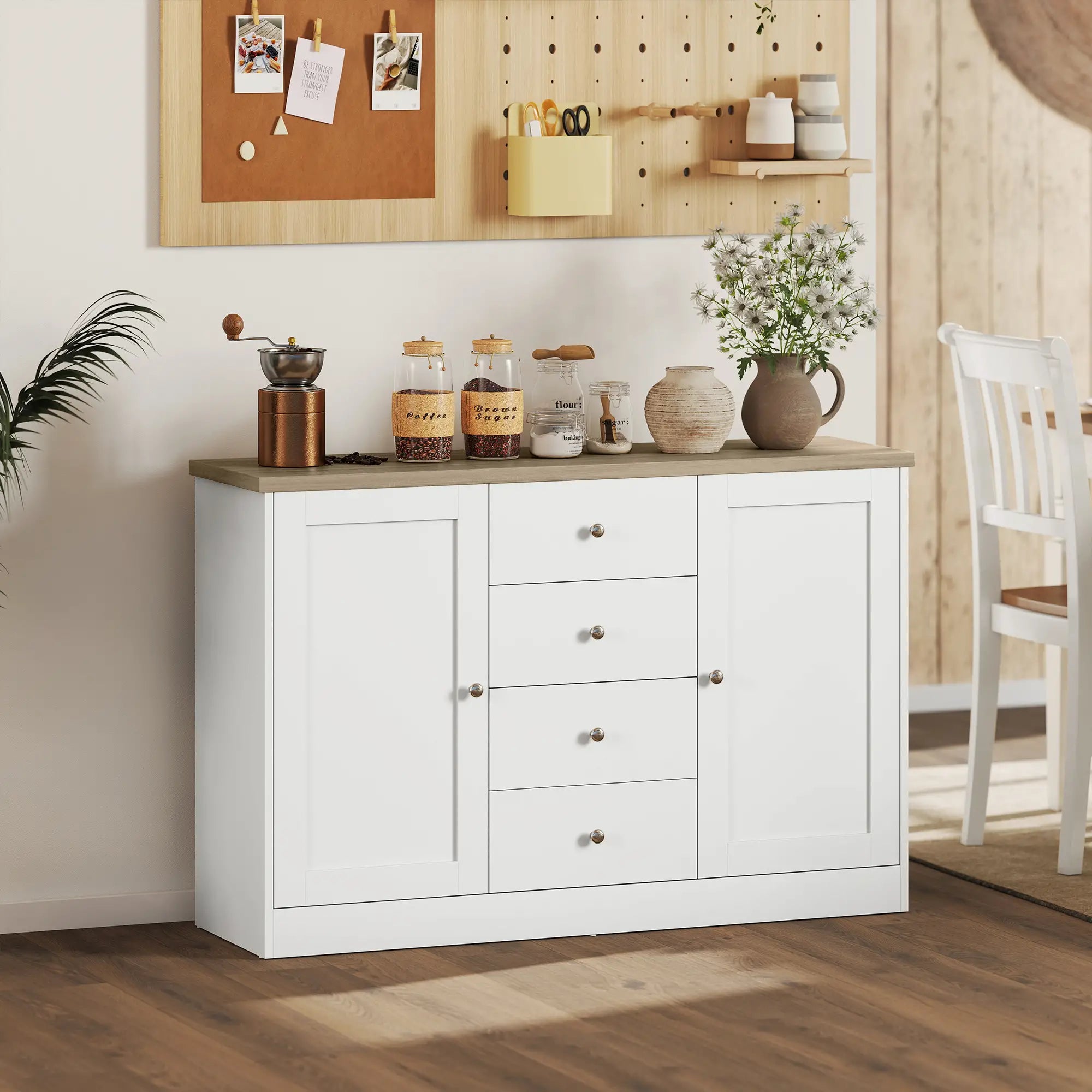 Country Style Sideboard Buffet, Coffee Bar Cabinet, Adjustable Shelf, 2 Shaker Doors, 4 Drawers, White Bar Cabinets at Gallery Canada