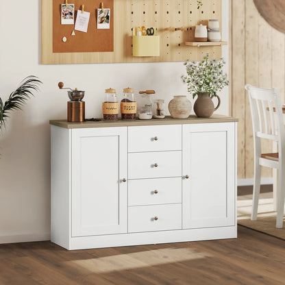 Country Style Sideboard Buffet, Coffee Bar Cabinet, Adjustable Shelf, 2 Shaker Doors, 4 Drawers, White Bar Cabinets at Gallery Canada