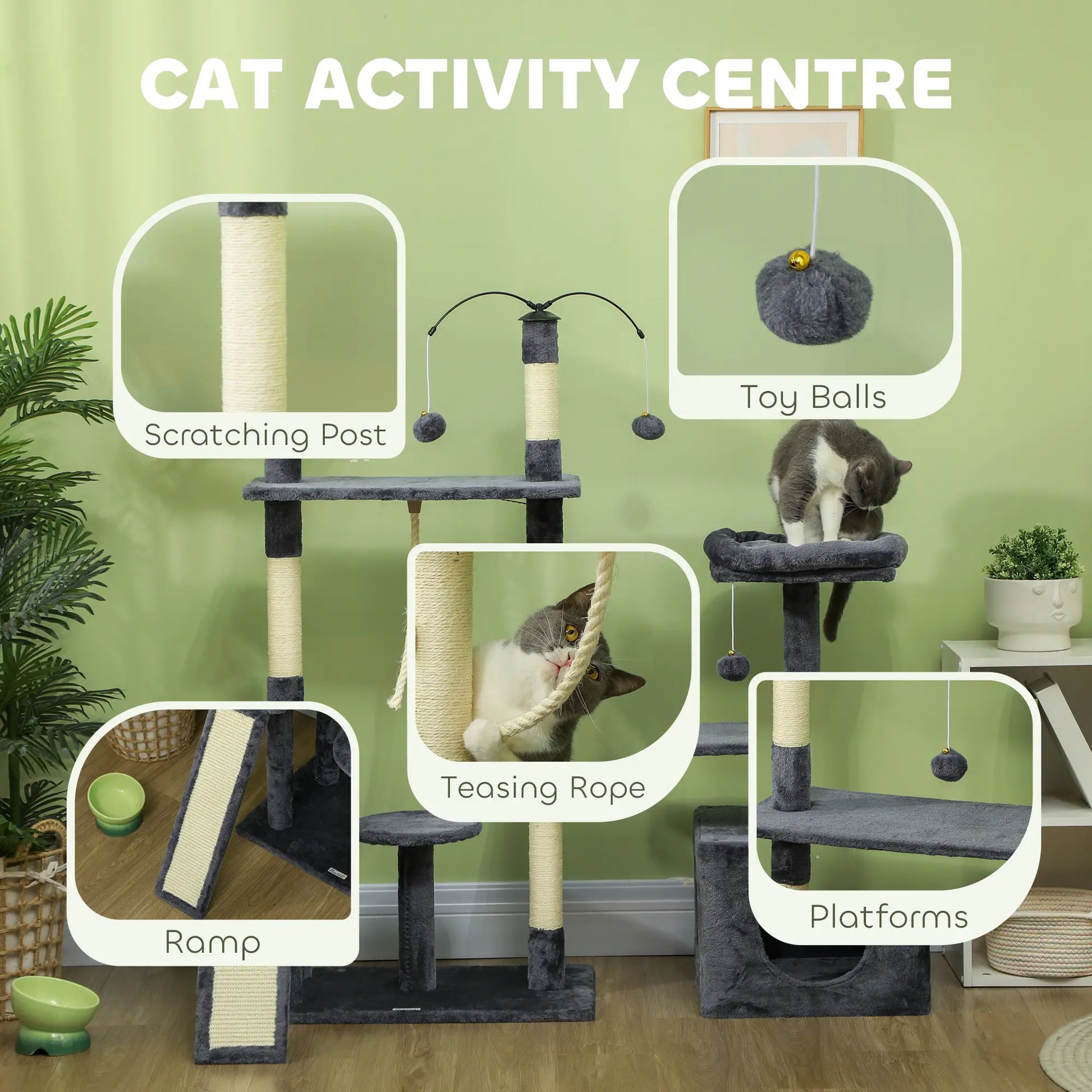 53" Cat Tree, Scratching Posts, Condo, Beds, Platforms, Toy Balls, Dark Grey Cat Towers at Gallery Canada