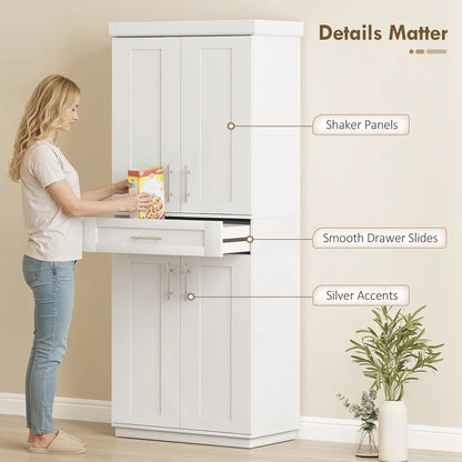 72" Storage Cabinet, Freestanding Kitchen Pantry Cabinet with 4 Doors, Drawer and 3 Adjustable Shelves, White Kitchen Pantry Cabinets at Gallery Canada