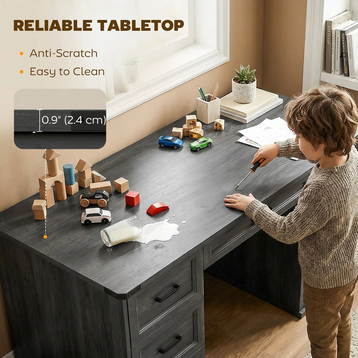 55" Computer Desk With 7 Drawers, Farmhouse Executive Desk, Black Wood Grain, Black Computer Desks at Gallery Canada