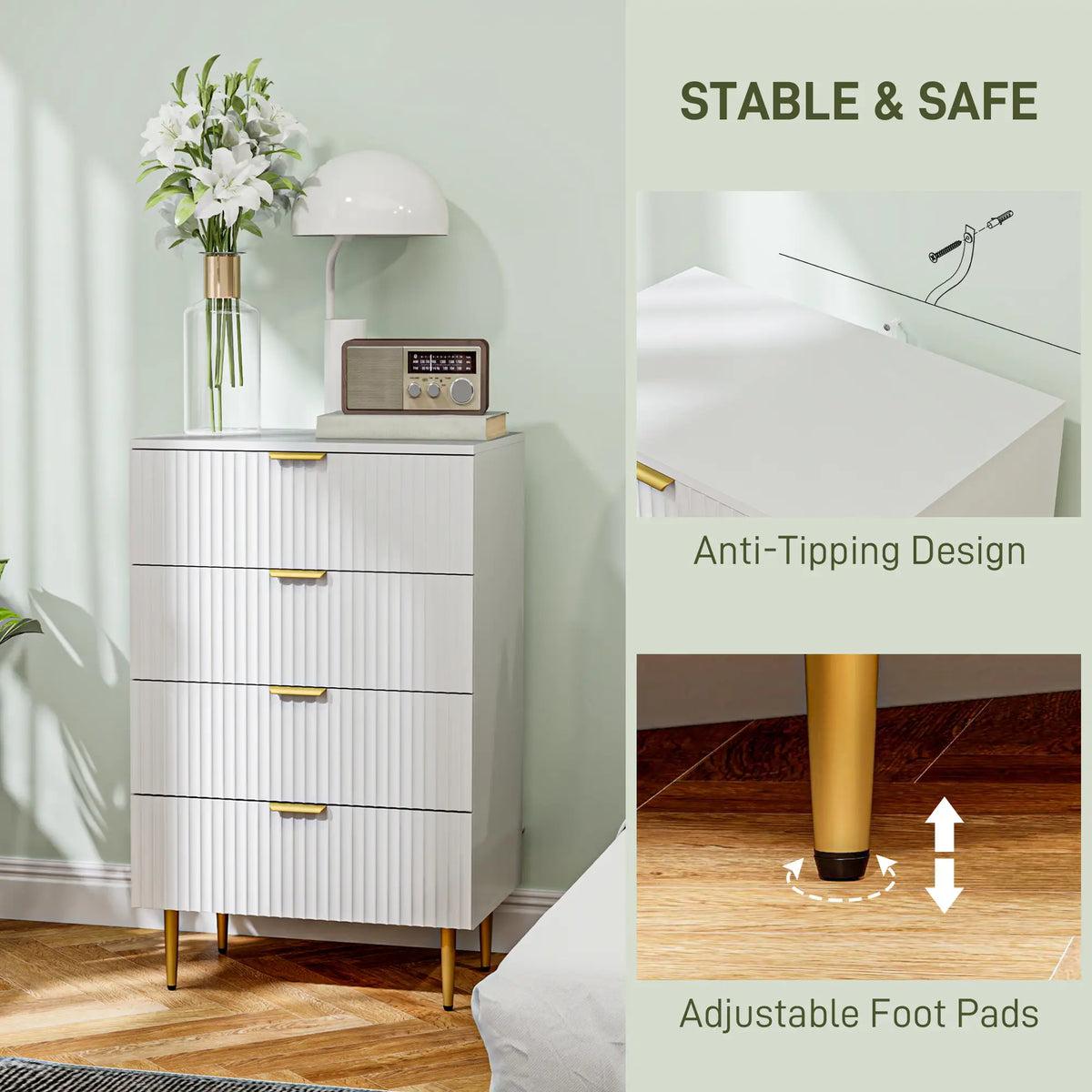 Modern 4 Drawer Dresser, Gold Legs, Bedroom Chest, White Storage Cabinets at Gallery Canada