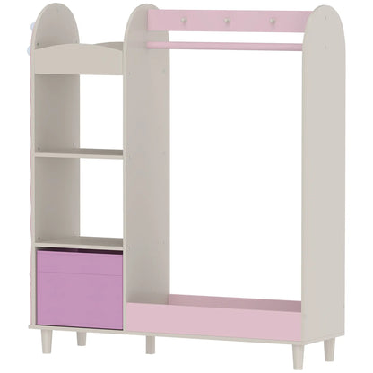 Portant à vêtements pour enfants avec miroir, tiroir et étagères, rose