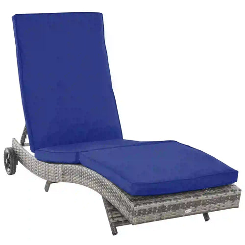 Adjustable Wicker Chaise Lounge with Cushion, Wheels, Dark Blue