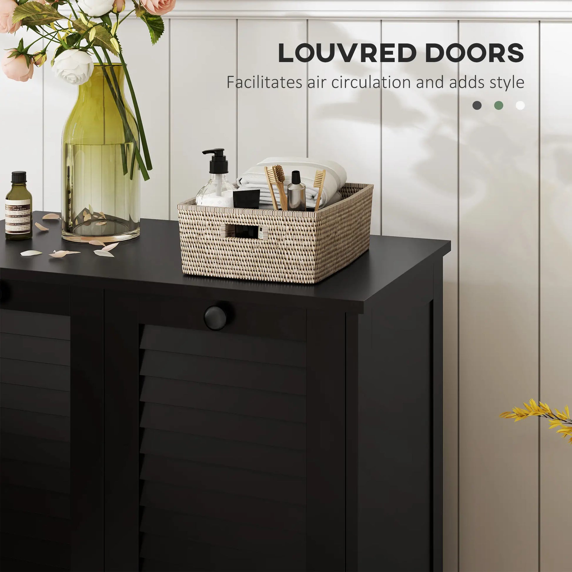 Tilt Out Laundry Cabinet, 2 Baskets, 2 Louvered Doors, Black Bathroom Cabinets at Gallery Canada