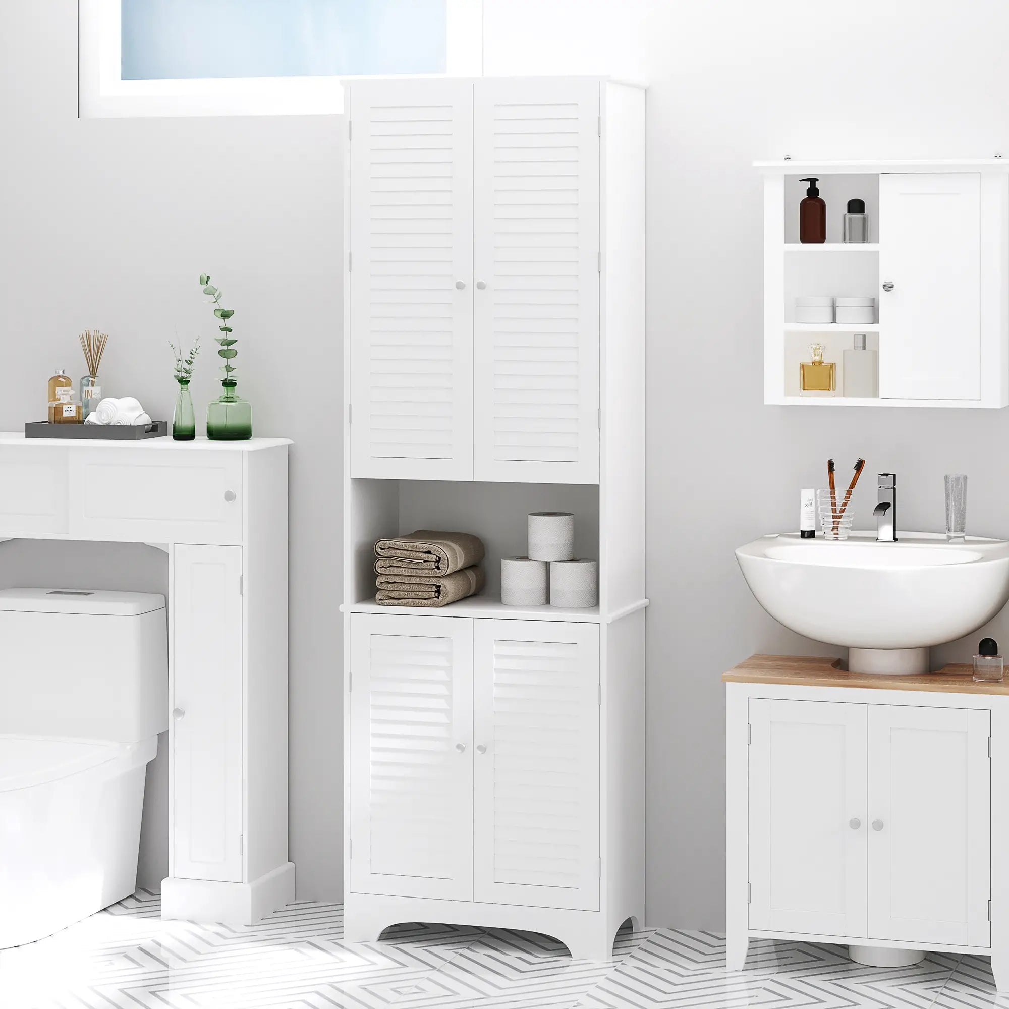 Tall Bathroom Storage Cabinet, 4 Shutter Doors, Adjustable Shelves, White Bathroom Cabinets at Gallery Canada