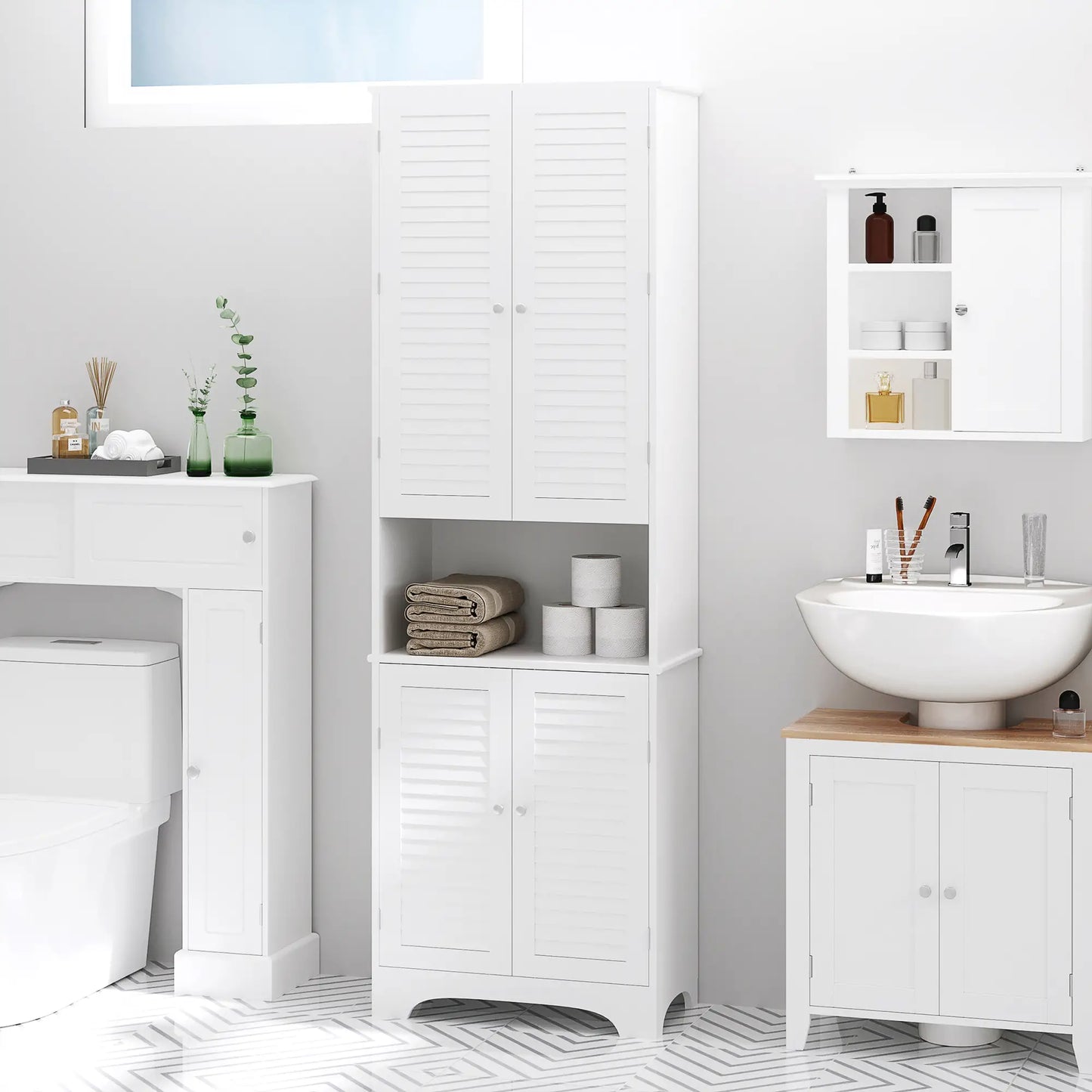 Tall Bathroom Storage Cabinet, 4 Shutter Doors, Adjustable Shelves, White Bathroom Cabinets at Gallery Canada