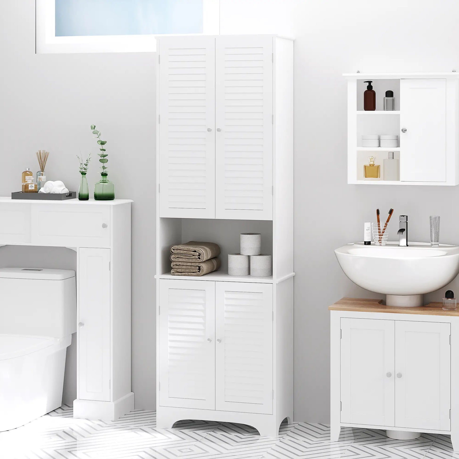 Tall Bathroom Storage Cabinet, 4 Shutter Doors, Adjustable Shelves, White Bathroom Cabinets at Gallery Canada