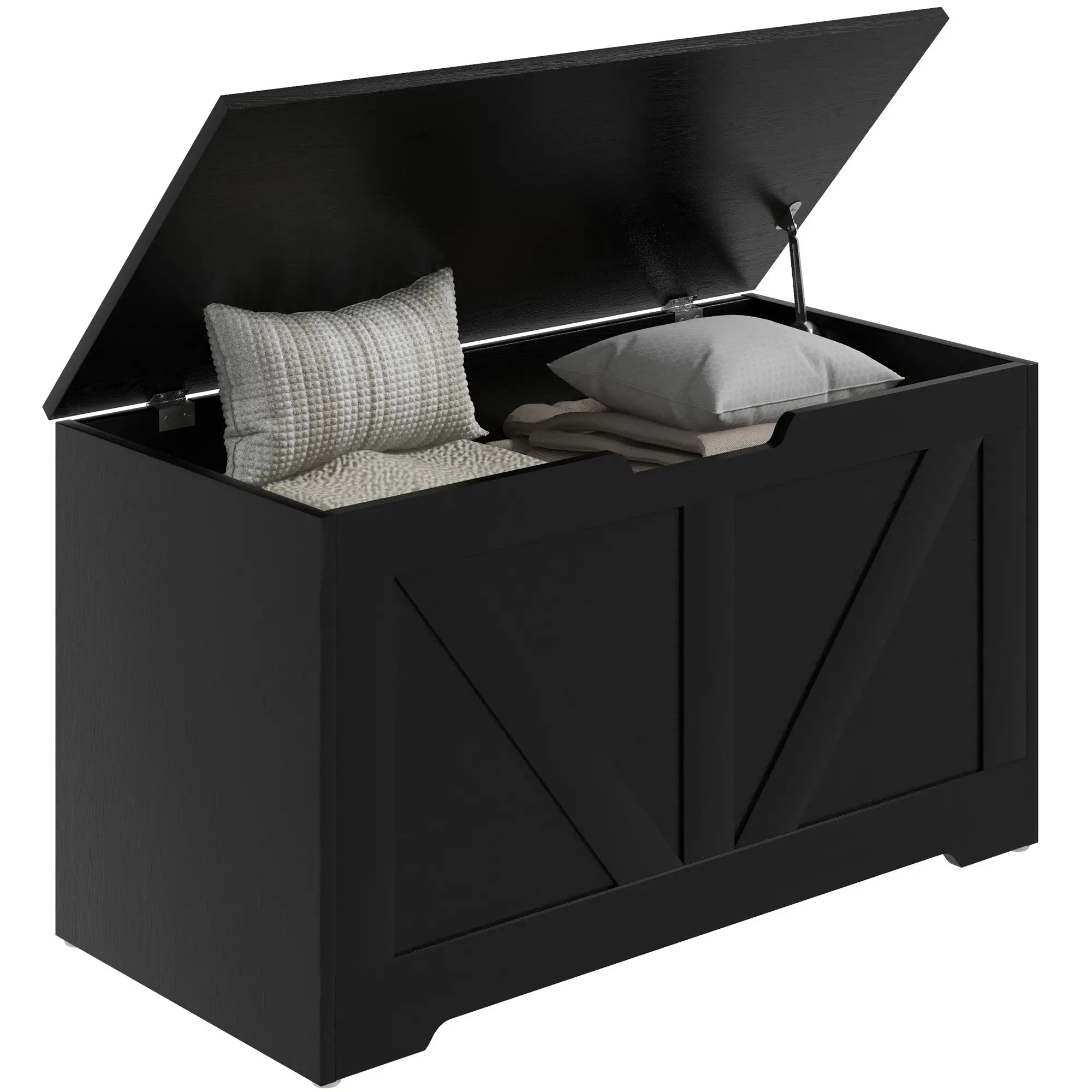 31.5 Inches Storage Chest, Wooden Box with Safety Hinges, Wood Grain, Black Storage Cabinets at Gallery Canada
