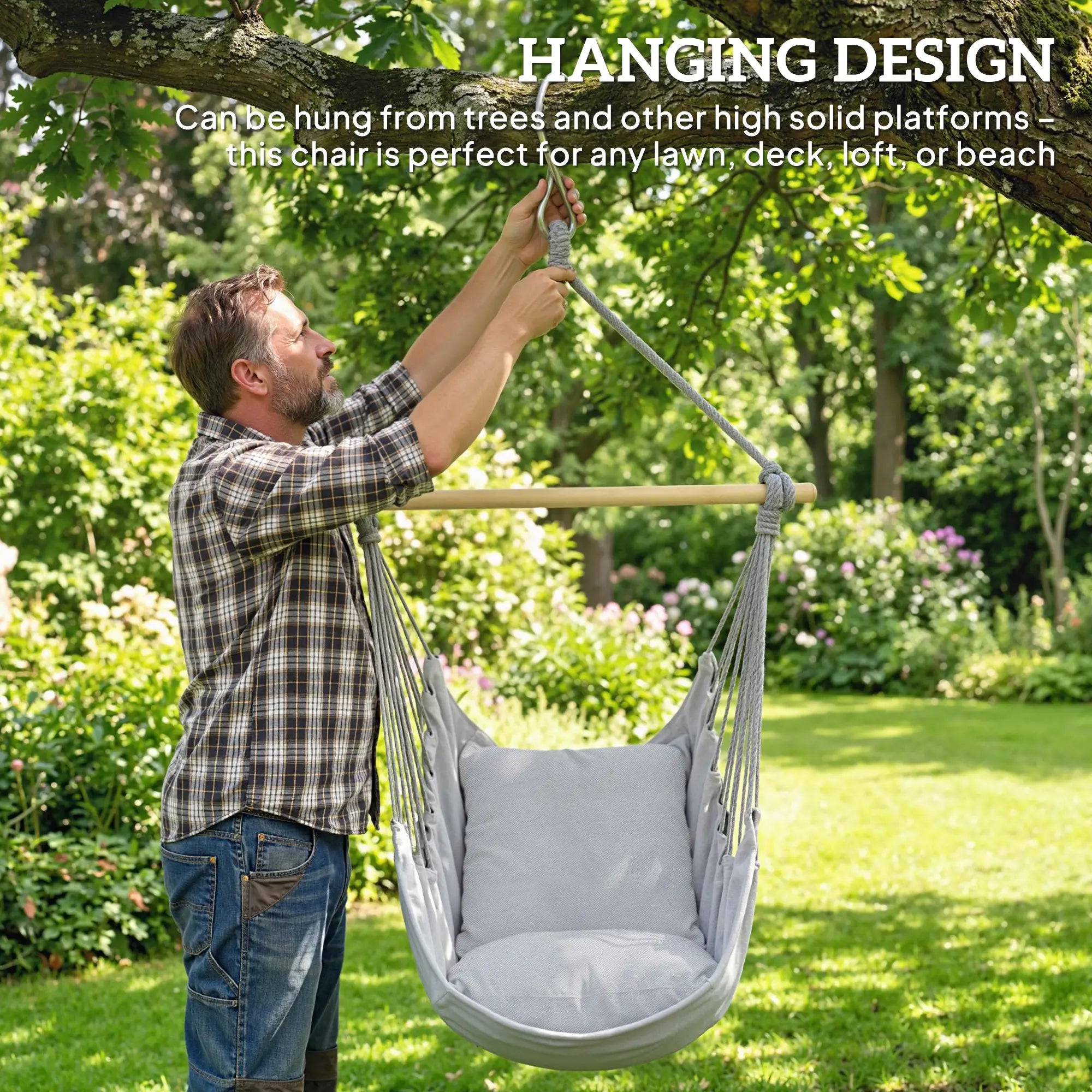 Hanging Macrame Chair With Two Seat Cushions, Grey Hanging Porch Swings at Gallery Canada