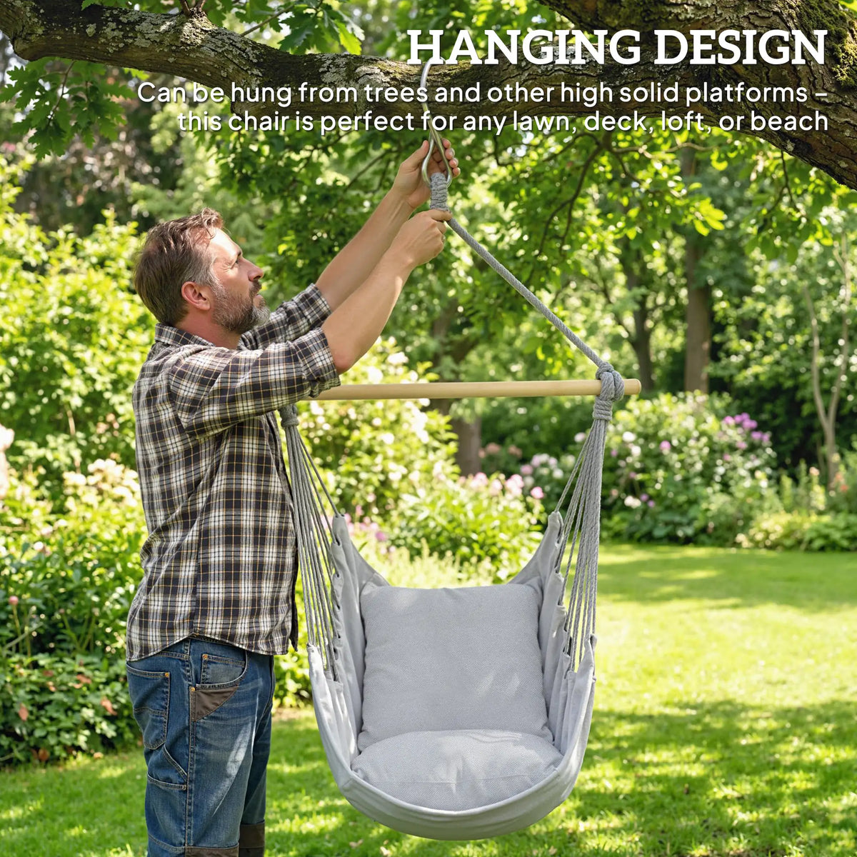 Hanging Macrame Chair With Two Seat Cushions, Grey Hanging Porch Swings at Gallery Canada