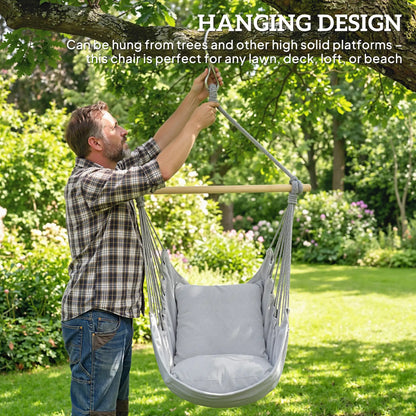 Hanging Macrame Chair With Two Seat Cushions, Grey Hanging Porch Swings at Gallery Canada