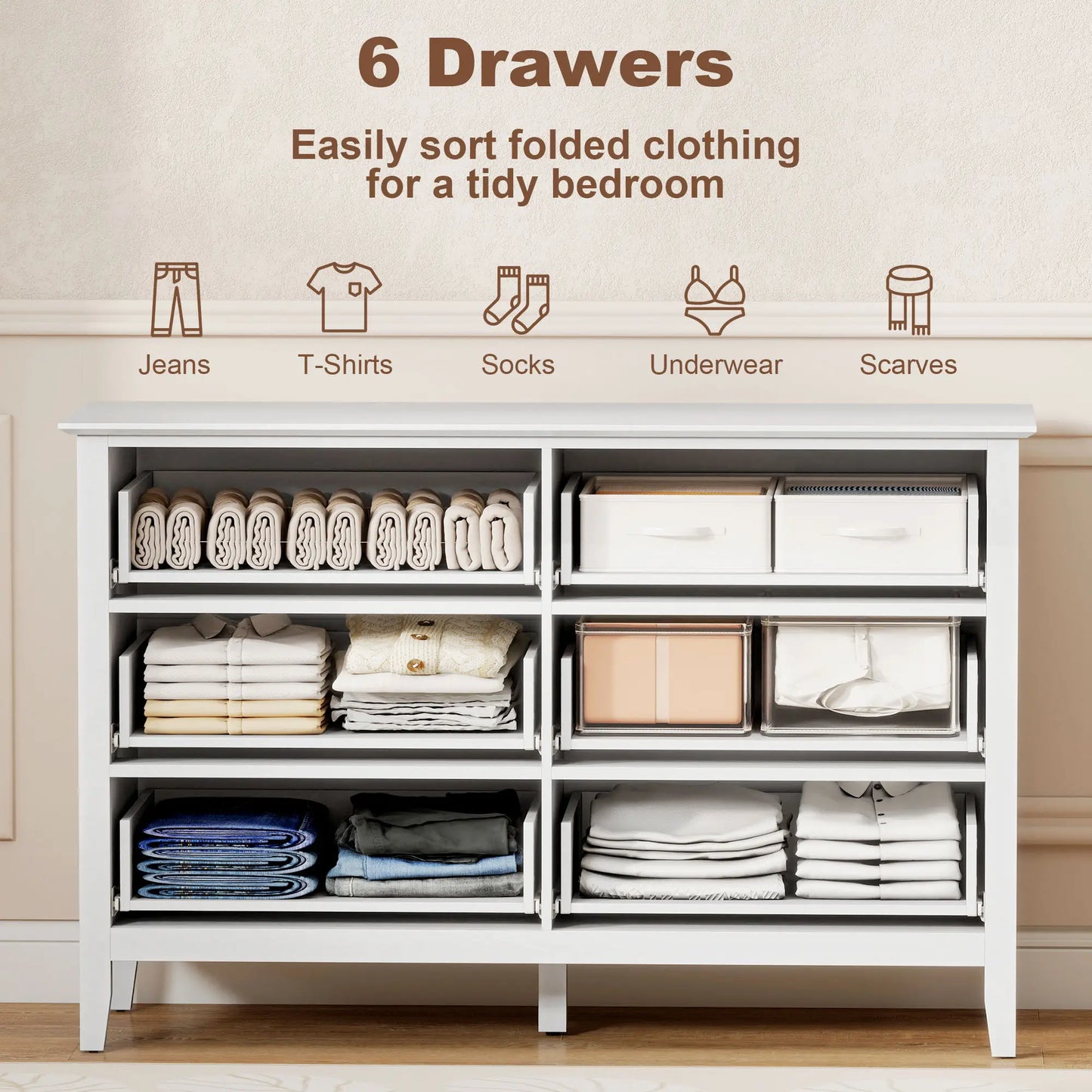 Modern 6 Drawer Dresser, Double Chest, White Storage Cabinets at Gallery Canada