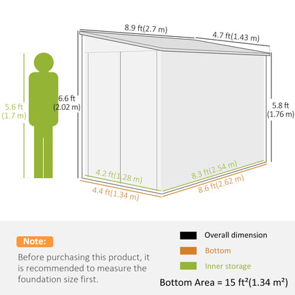 4.6' X 9' Steel Outdoor Storage Shed, Lean To Shed, Metal Tool House, Dark Grey