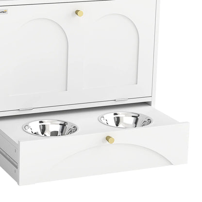 Dog Feeding Station, Food Storage Cabinet, 2 Elevated Bowls, White, White Dog Bowls at Gallery Canada