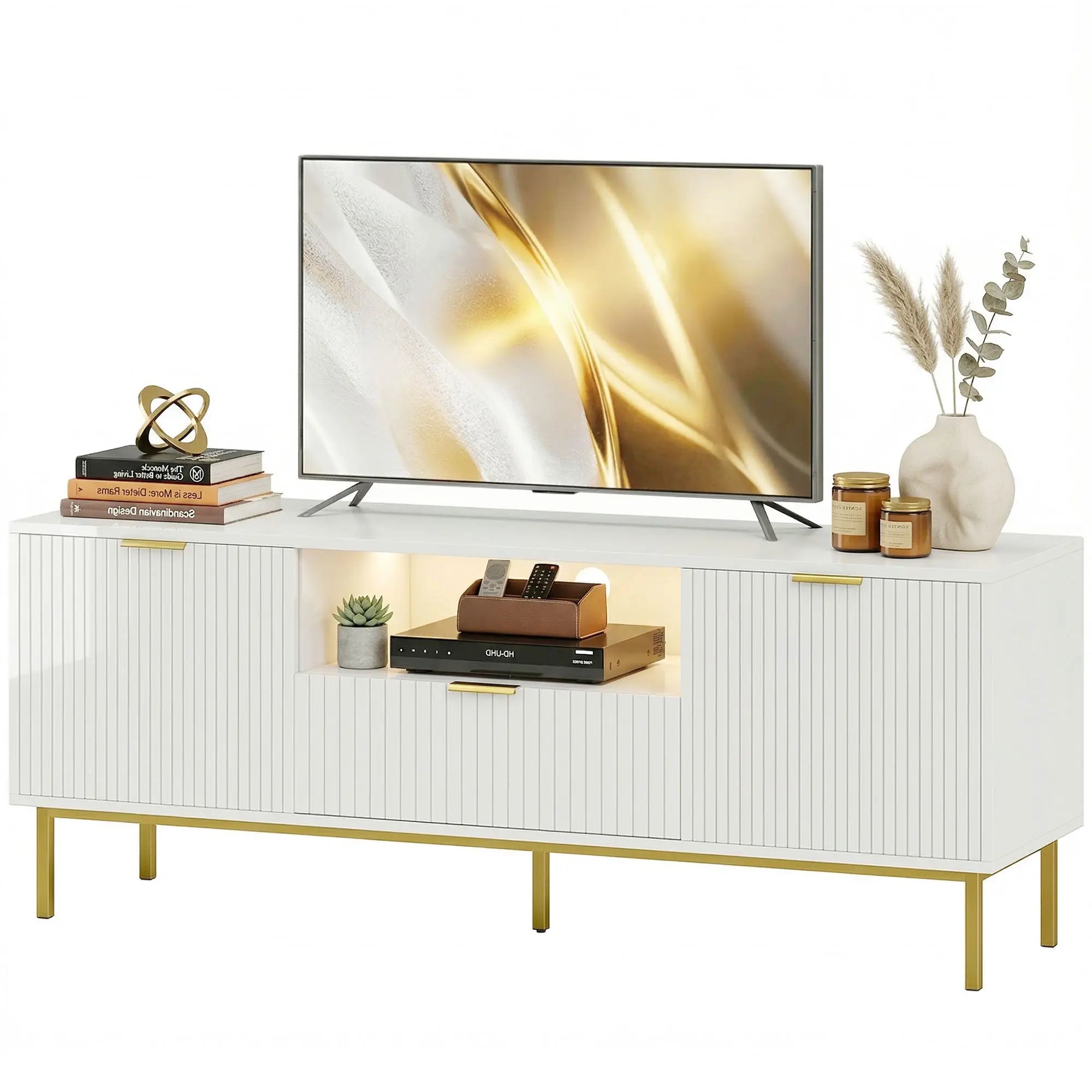 TV Console For 50 Inch TVs, Smart RGB LED Lights, Soft Close Doors, White TV Stands Gold, White at Gallery Canada