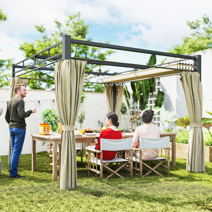 10' x 10' Outdoor Gazebo, Retractable Pergola Canopy With Curtains, Beige