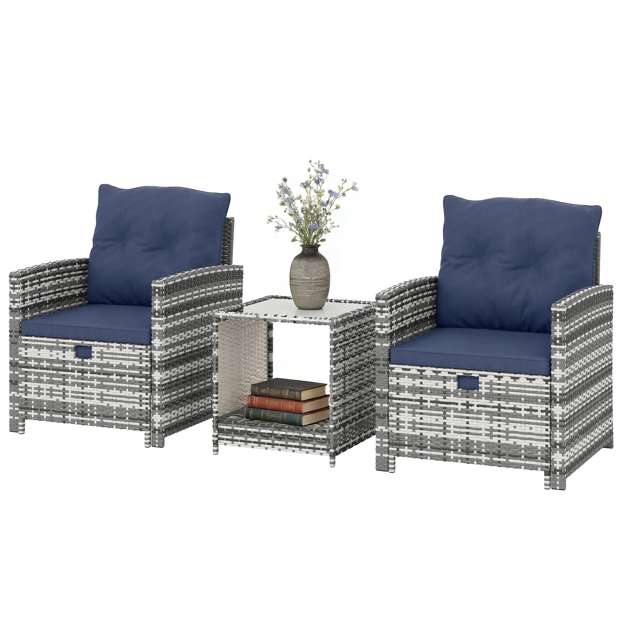 5 Piece Patio Furniture Set, Wicker Chairs With Ottomans, 2-Tier Glass Coffee Table, Grey/Dark Blue Patio Furniture Sets Mixed Grey, Dark Blue, Black at Gallery Canada