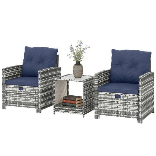 5 Piece Patio Furniture Set, Wicker Chairs With Ottomans, 2-Tier Glass Coffee Table, Grey/Dark Blue Patio Furniture Sets Mixed Grey, Dark Blue, Black at Gallery Canada