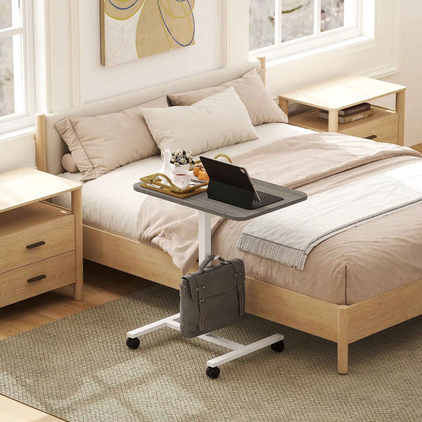 Height Adjustable Standing Desk, Pneumatic Sit Stand Desk with Wheels and Headphone Hook, Grey Office Desks & Work Stations at Gallery Canada