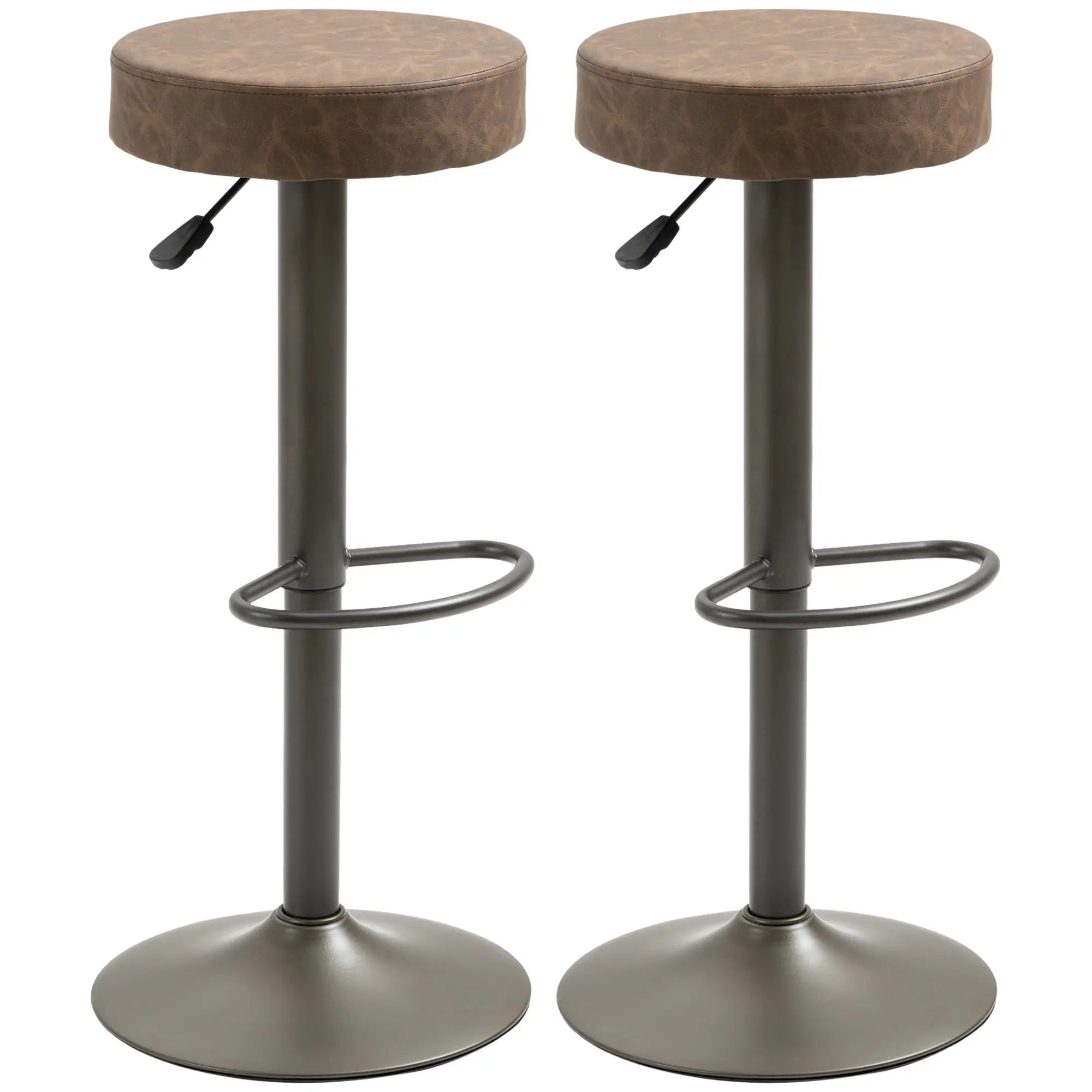 Adjustable Bar Stools Set of 2, Swivel with Footrest, PU Leather, Brown Bar Stools Brown, Gunmetal at Gallery Canada