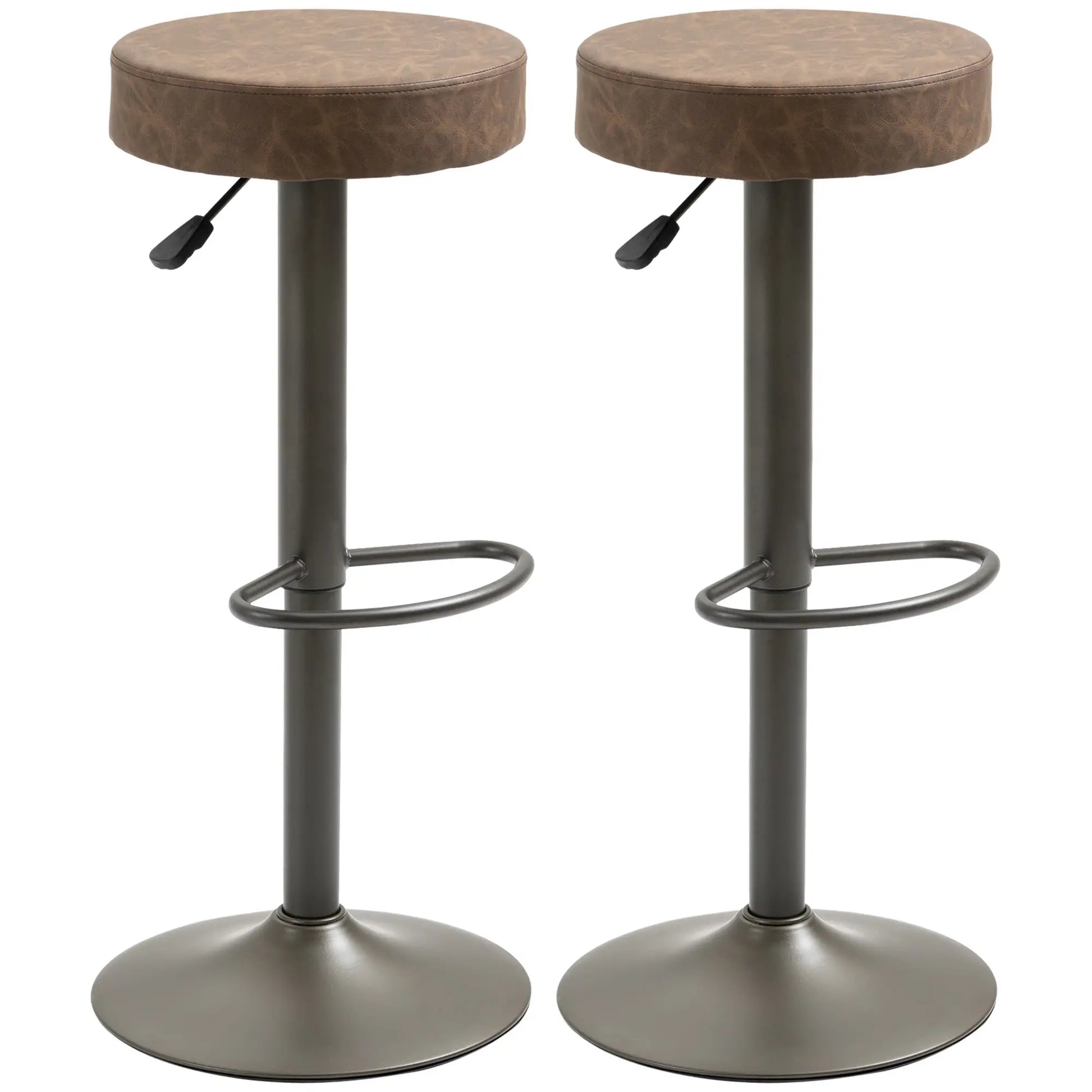 Adjustable Bar Stools Set of 2, Swivel with Footrest, PU Leather, Brown Bar Stools Brown, Gunmetal at Gallery Canada