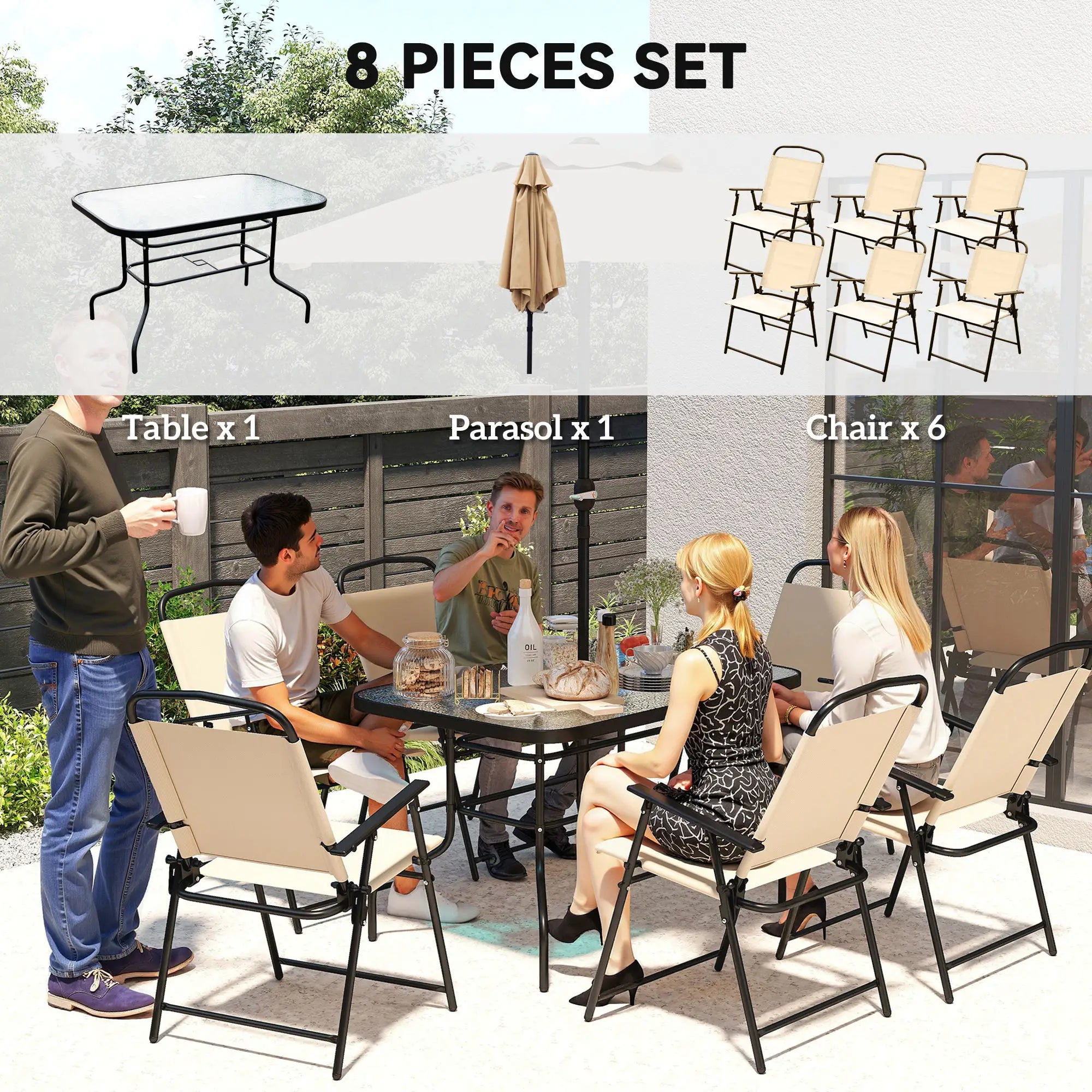 8 Pc Patio Dining Set, 6 Folding Chairs, Beige Umbrella, Beige Outdoor Dining Sets at Gallery Canada
