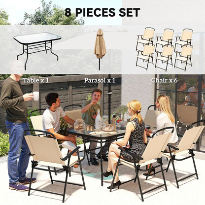 8 Pc Patio Dining Set, 6 Folding Chairs, Beige Umbrella, Beige Outdoor Dining Sets at Gallery Canada