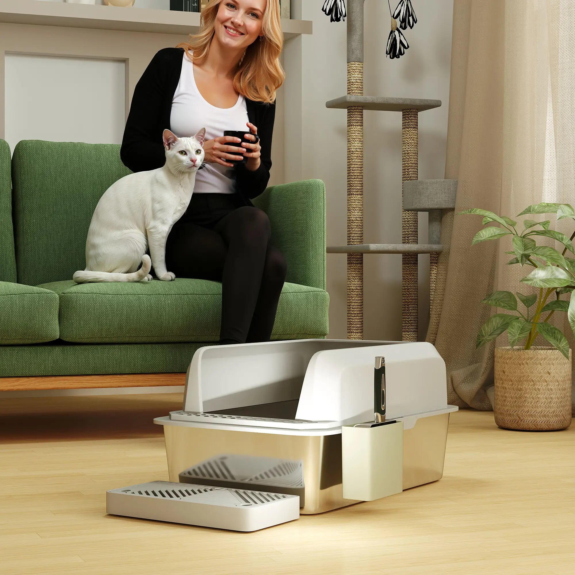 Stainless Steel Cat Litter Box, High Sided, Metal Scoop Holder, Easy Clean Cat Litter Box Enclosures at Gallery Canada