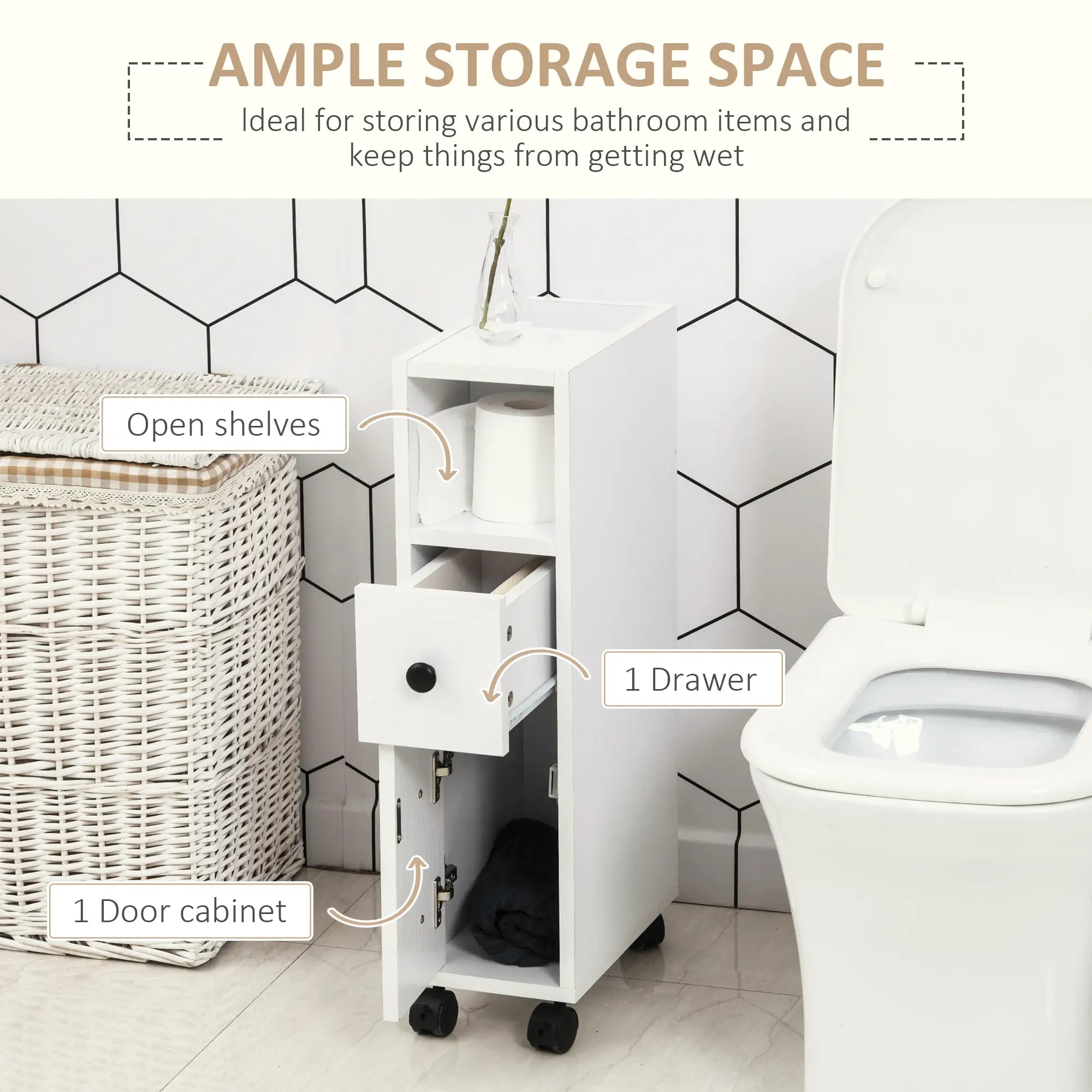 Slim Bathroom Cabinet with Wheels, Door, Drawer, 2 Compartments, White Bathroom Cabinets at Gallery Canada