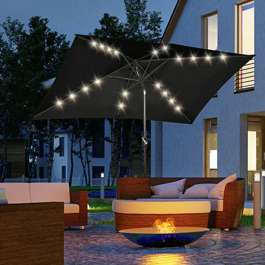 6.5x10ft Rectangle Tilt Patio Umbrella With LEDs, Black Sun Umbrellas Black (polyester fabric), Dark Brown (umbrella pole) at Gallery Canada