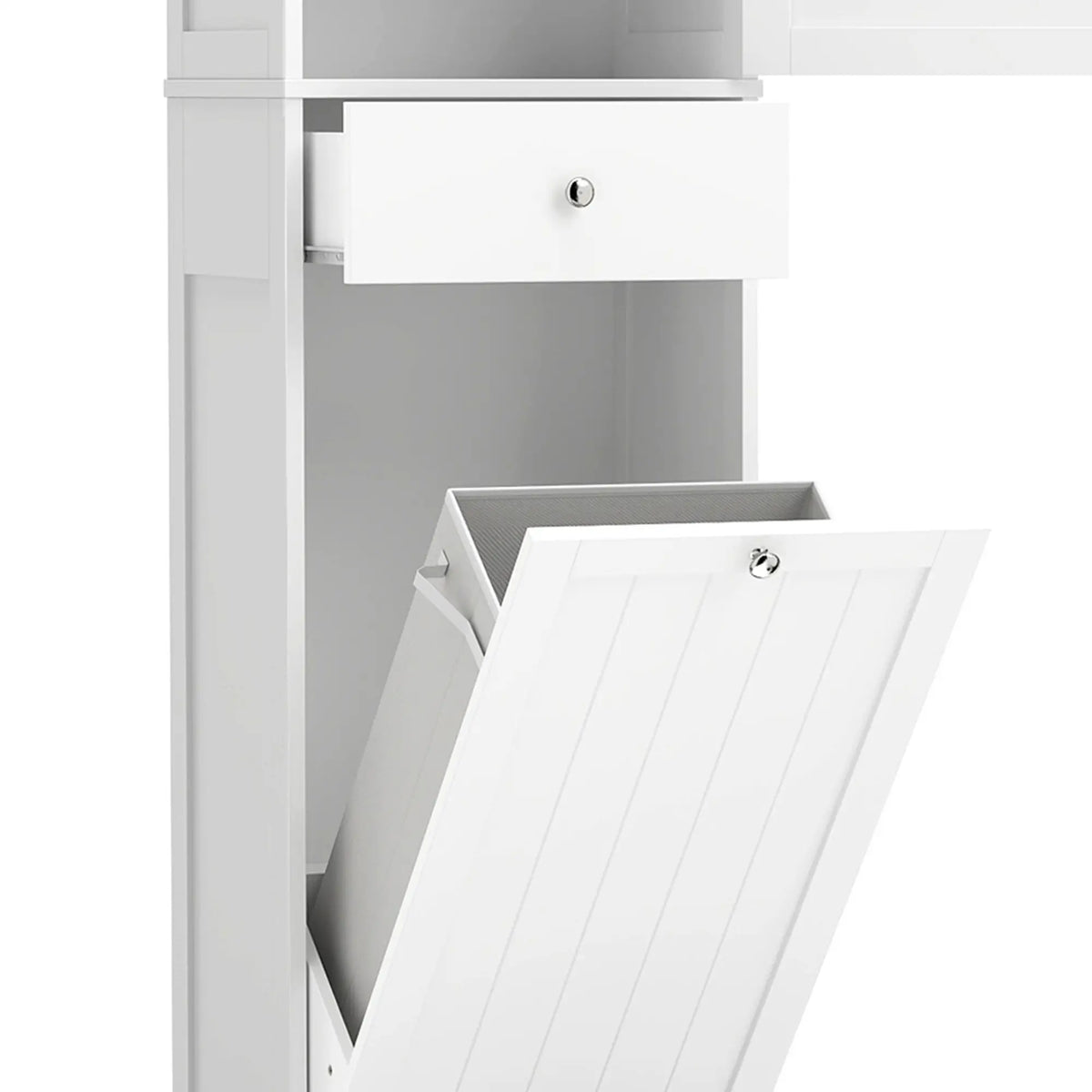 71" Tall Bathroom Storage Cabinet, Narrow with Laundry Basket, White