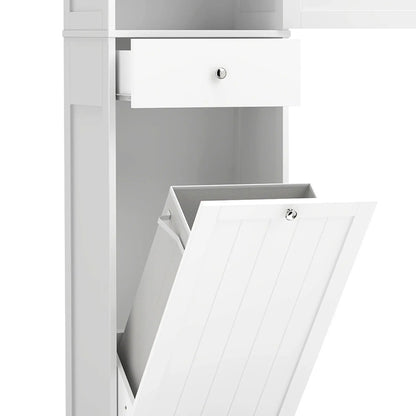 71" Tall Bathroom Storage Cabinet, Narrow with Laundry Basket, White