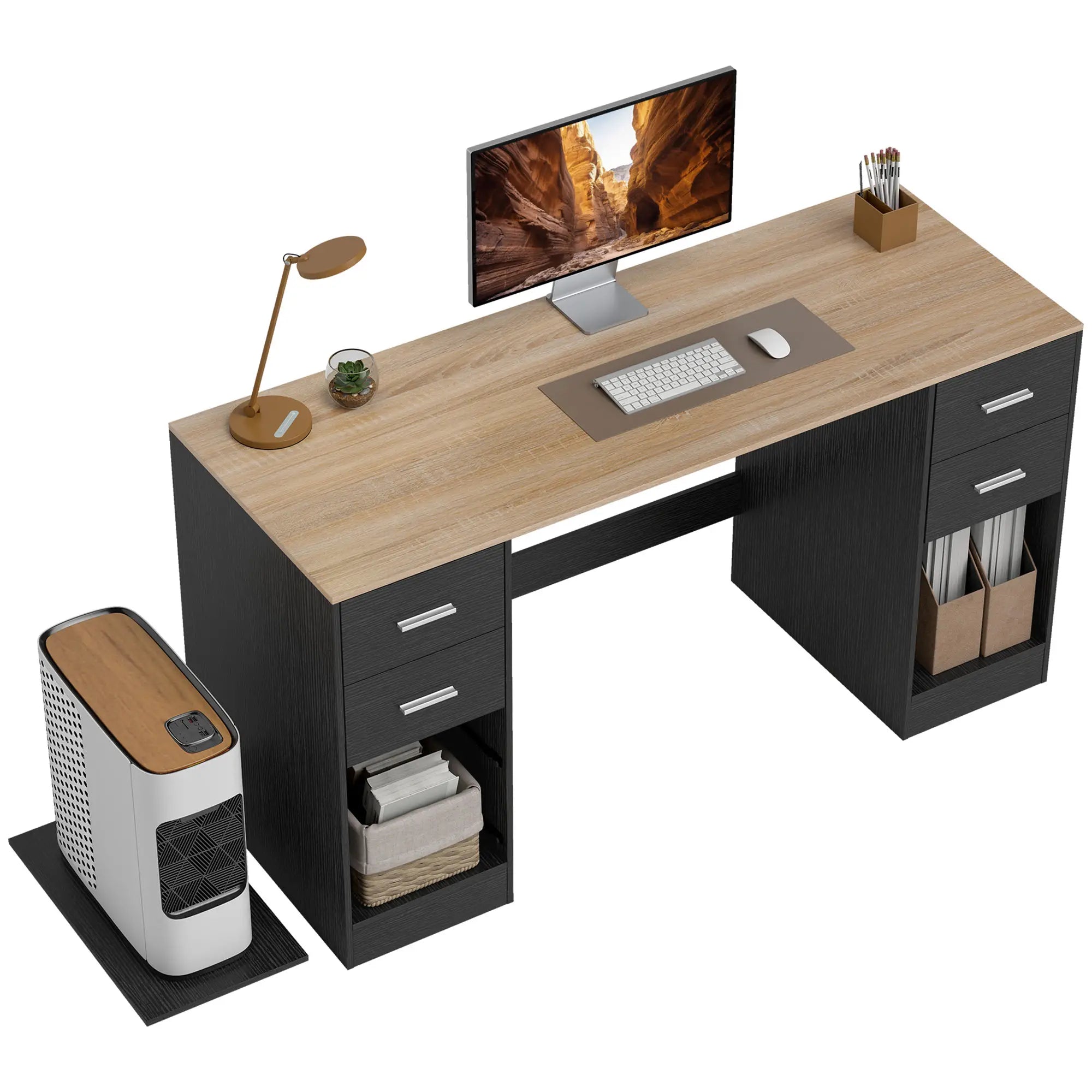 55 Inch Office Desk, Black Wood Grain, 4 Reversible Drawers, Mobile PC Stand, Black Computer Desks at Gallery Canada