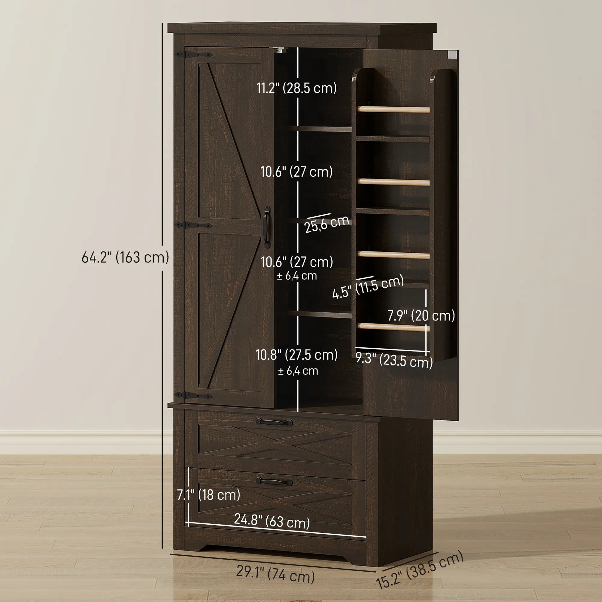 Farmhouse Kitchen Pantry Cabinet, 64", Distressed Dark Brown Kitchen Pantry Cabinets at Gallery Canada