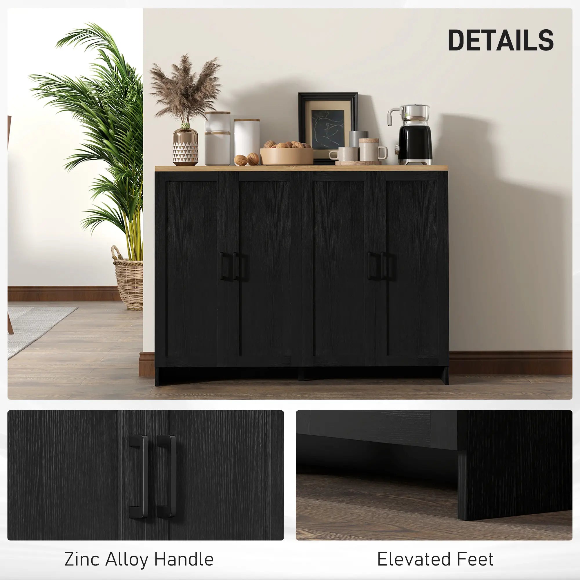 Modern Sideboard Buffet Cabinet, 4 Doors Adjustable Shelves, Black Storage Cabinets at Gallery Canada