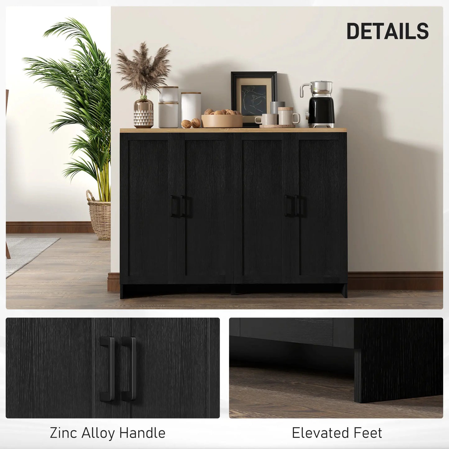 Modern Sideboard Buffet Cabinet, 4 Doors Adjustable Shelves, Black Storage Cabinets at Gallery Canada