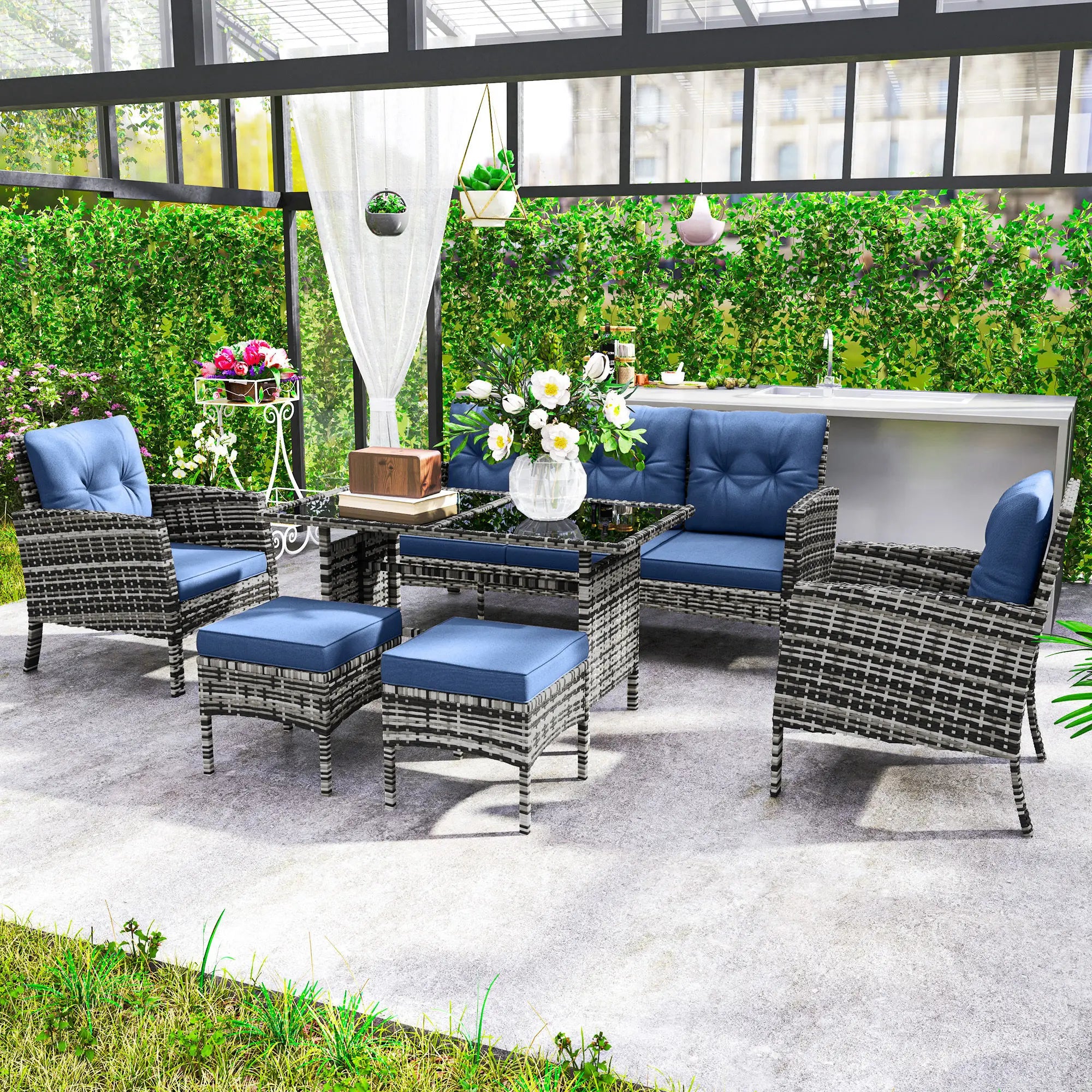 6 Piece Patio Set, Chairs, Ottomans, Sofa, Glass Table, Navy Blue Patio Furniture Sets at Gallery Canada