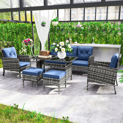 6 Piece Patio Set, Chairs, Ottomans, Sofa, Glass Table, Navy Blue Patio Furniture Sets at Gallery Canada