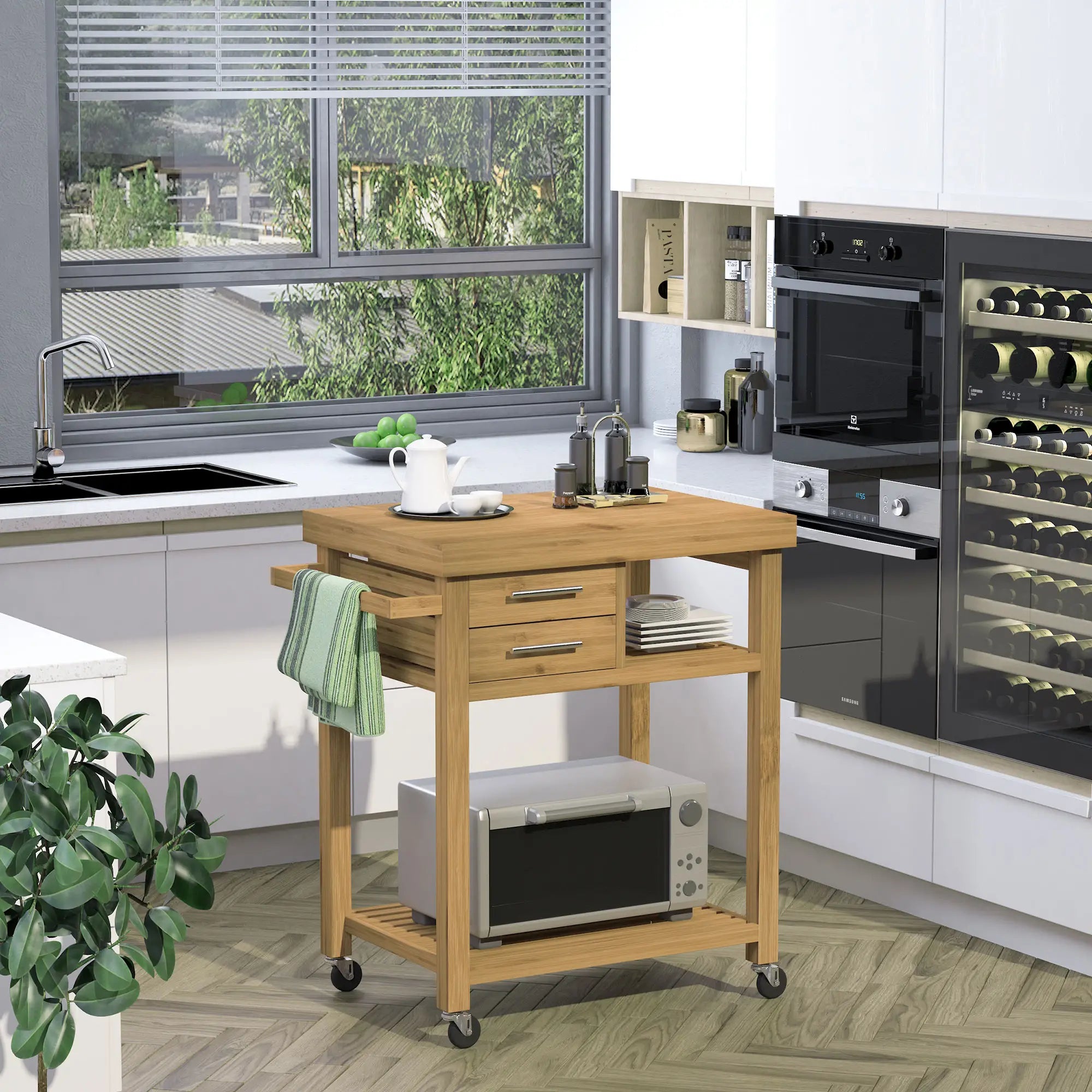Bamboo Rolling Kitchen Island, Drawers, Shelves Kitchen Islands & Kitchen Carts at Gallery Canada