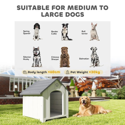 Large Plastic Dog House Outdoor Indoor, Water Resistant Puppy Shelter with Base Support, 34.6" L x 31.1" W x 35" H