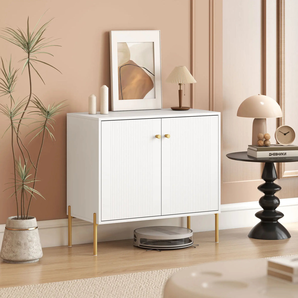 Meuble d'appoint, Buffet Moderne, Portes Cannelées, Étagère Réglable, Blanc