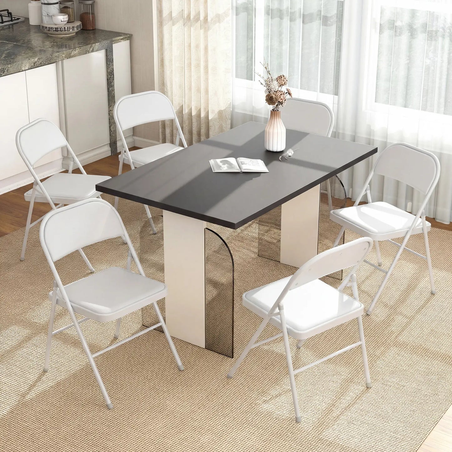 Set of 6 Foldable Chairs, PU Leather Padded, 17.5" x 17.5" x 31.5", White Dining Chairs at Gallery Canada